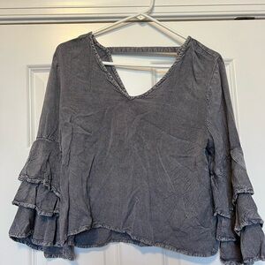 Womens Washed Slate Gray Ruffle Sleeve V-Neck Top
